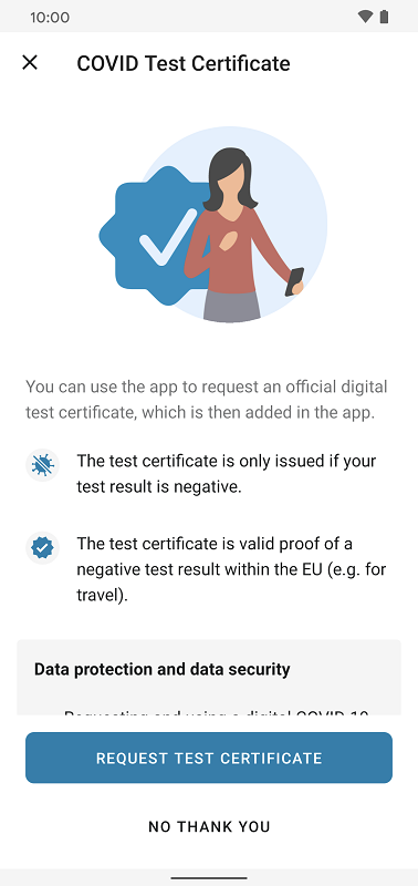 Requesting a certificate for a rapid test